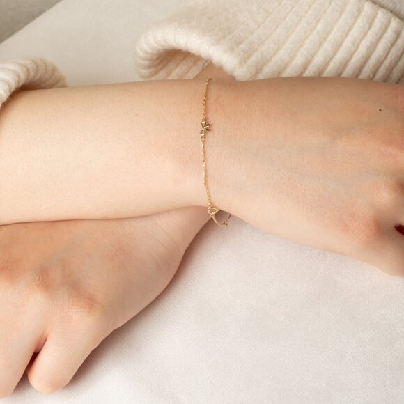 14K Solid Yellow Gold Heart Ribbon Bow Love Adjustable Bracelet